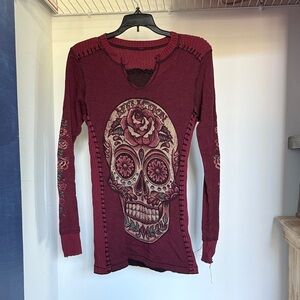 Affliction Maroon Skull Floral Long Sleeve Top